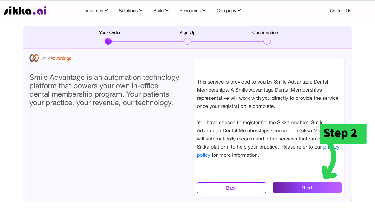 The order review screen showing Smile Advantage Dental Memberships, with the Next button.