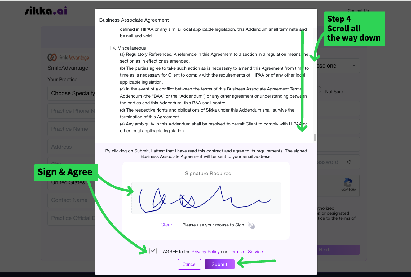 The Business Associate Agreement with the signature box, I AGREE checkbox, and Submit button.