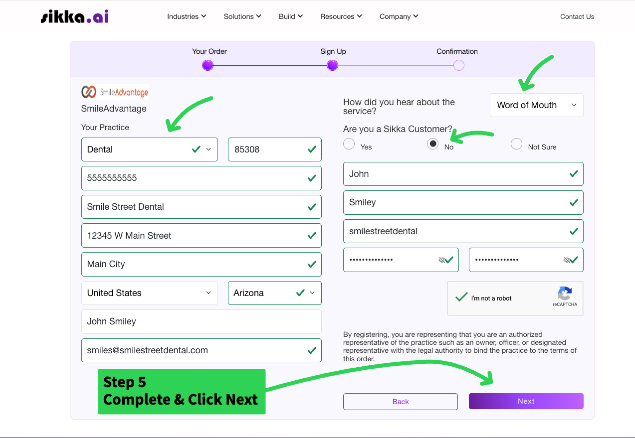 The practice details form with all fields filled, the reCAPTCHA checked, and the Next button.