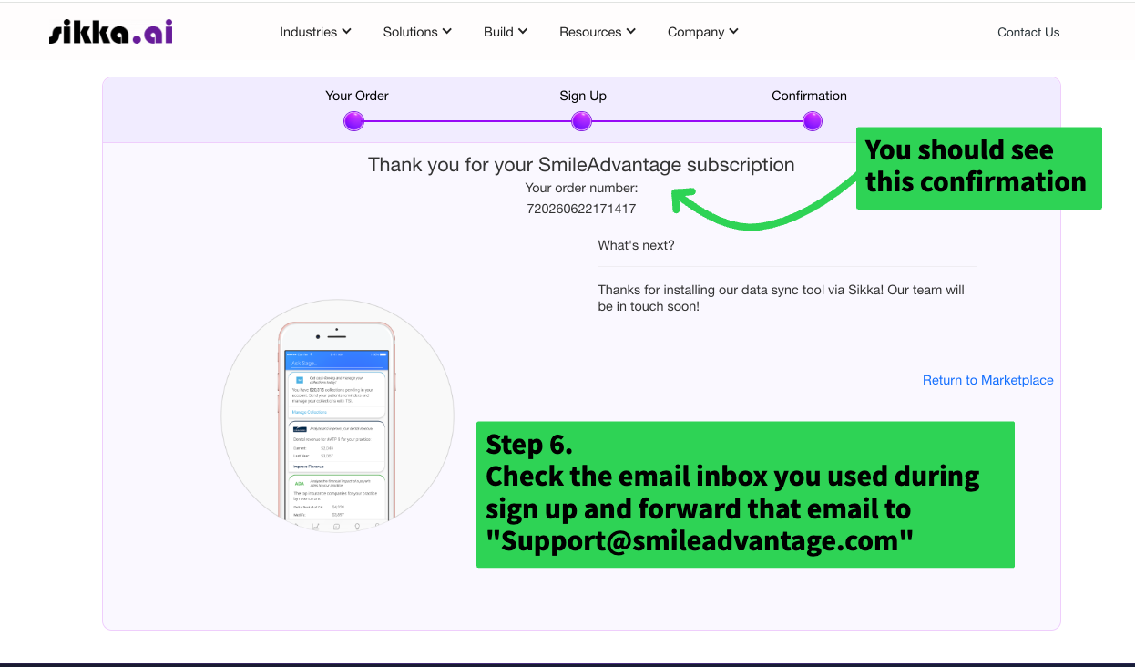 The thank you confirmation screen showing a SmileAdvantage subscription order number.