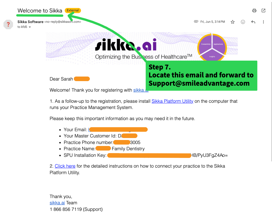 The Welcome to Sikka email open in an inbox, ready to be forwarded to Support at smileadvantage.com.