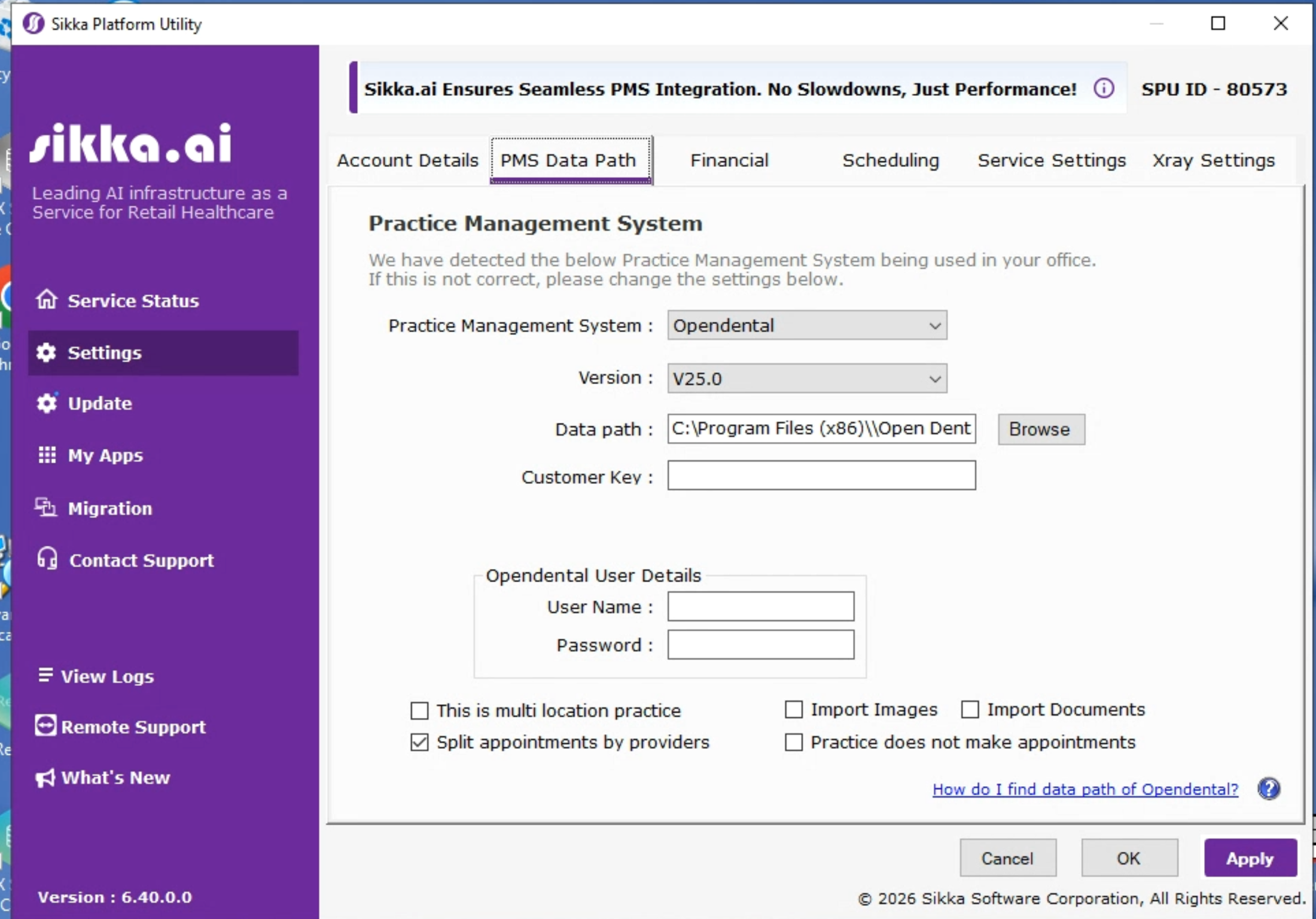 The PMS Data Path tab showing the detected practice management system, data path, and credential fields.