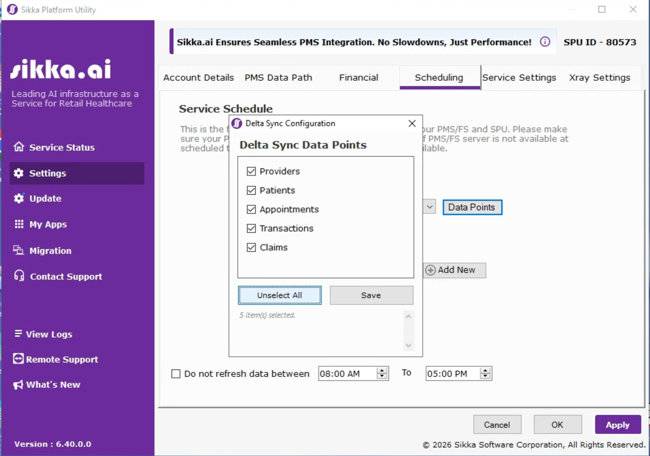 The Delta Sync Data Points window with Providers, Patients, Appointments, Transactions, and Claims all checked.