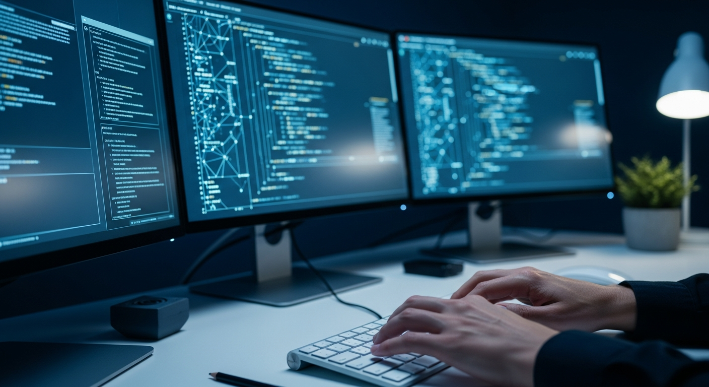 Klavye başında kod yazan bir geliştirici ve çoklu ekranlar