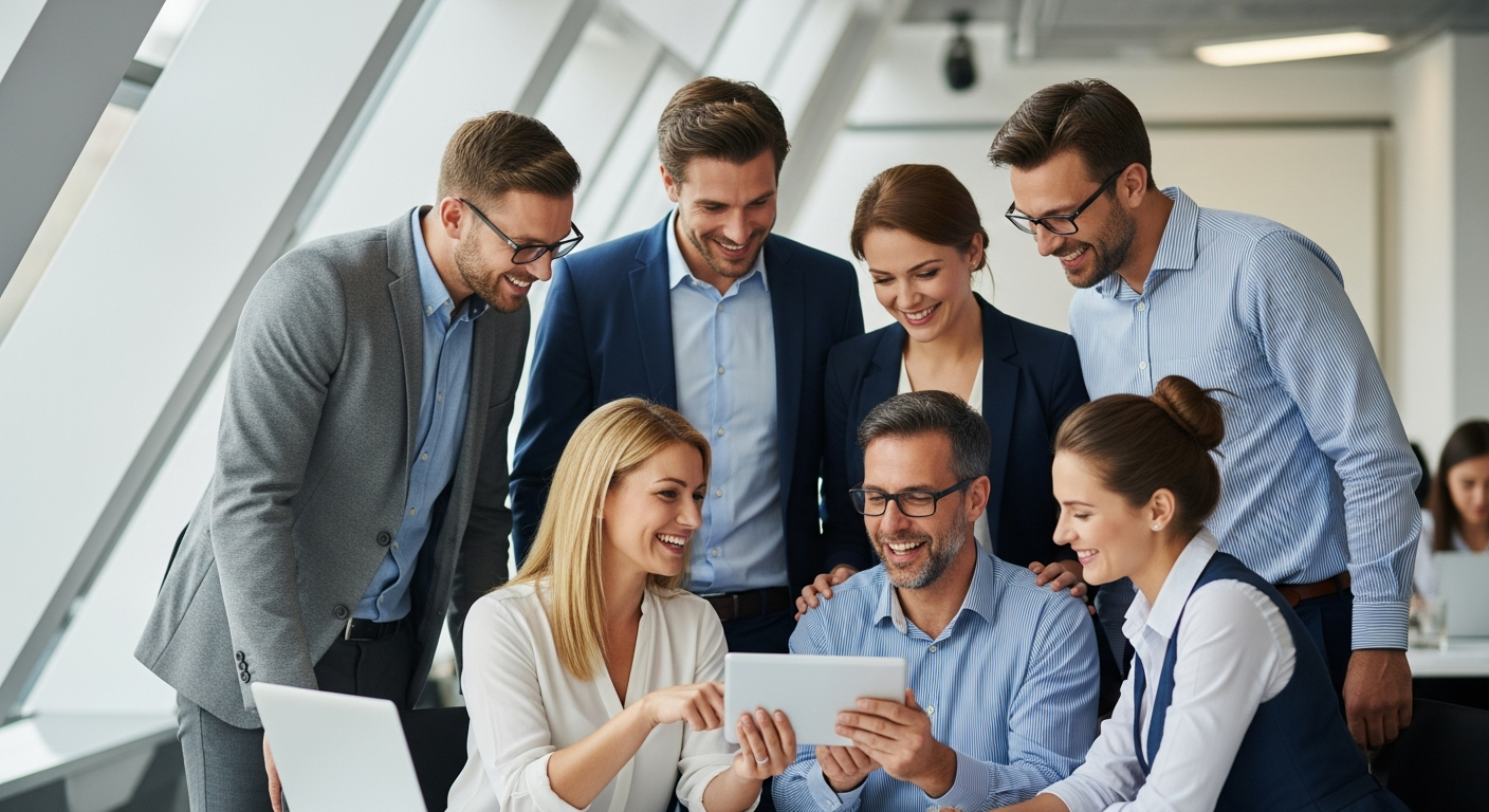 Modern ofiste başarılı iş insanları, tablet başında tartışırken