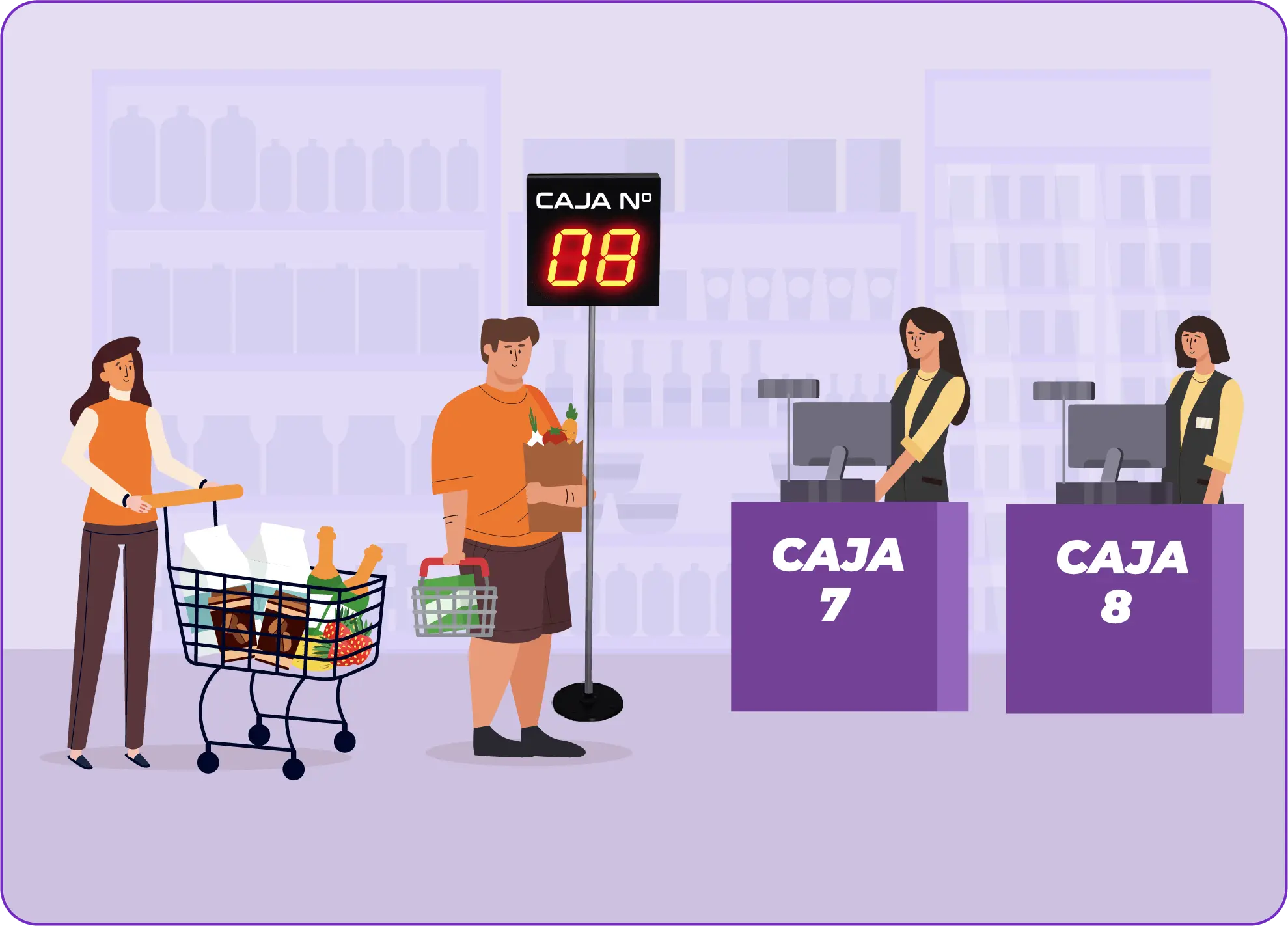 Usarios esperando su turno siendo organizados por un turnero fila unica en un supermercado