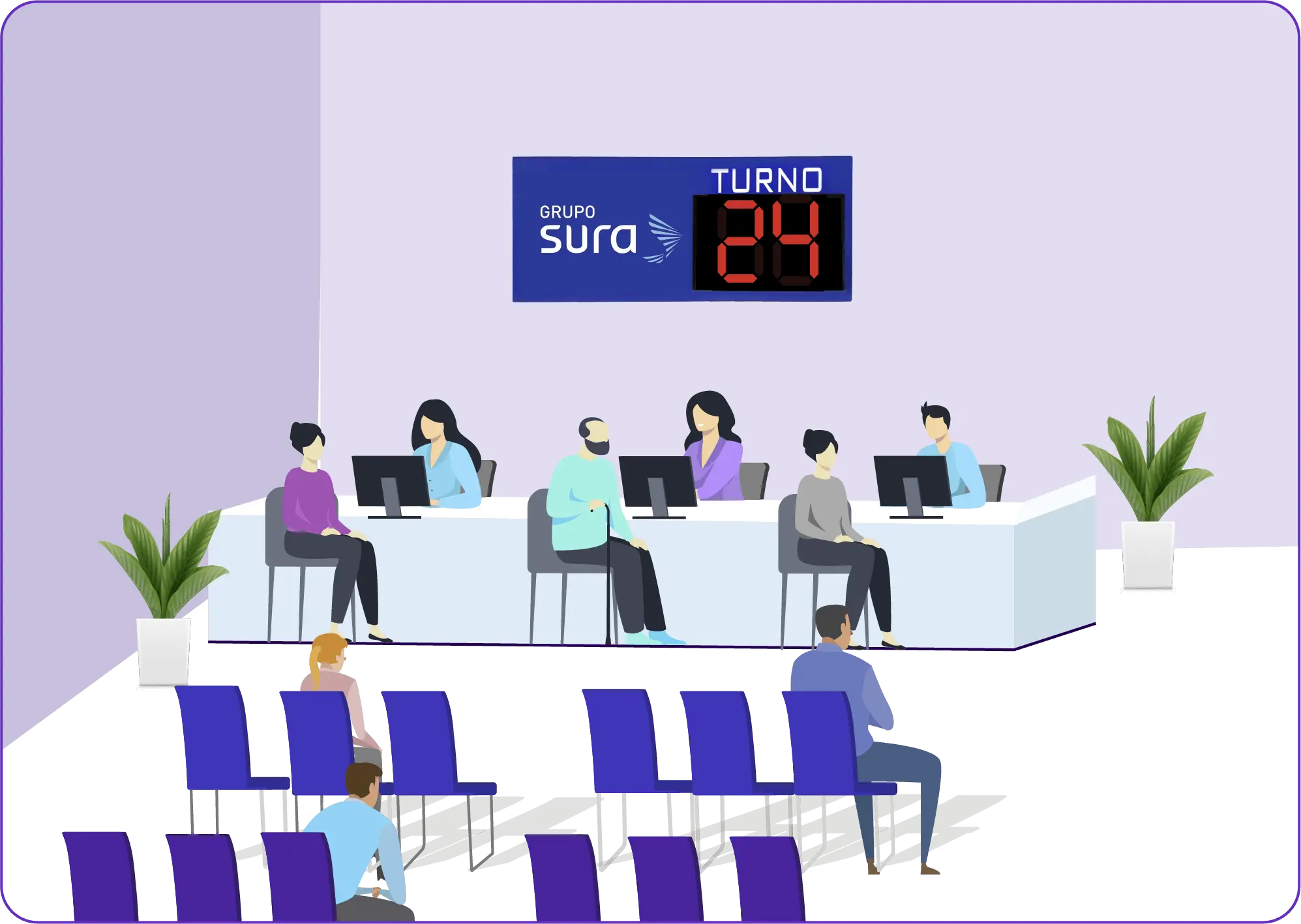 Turnero con logo mostrando el turno en una sala de espera con asesores