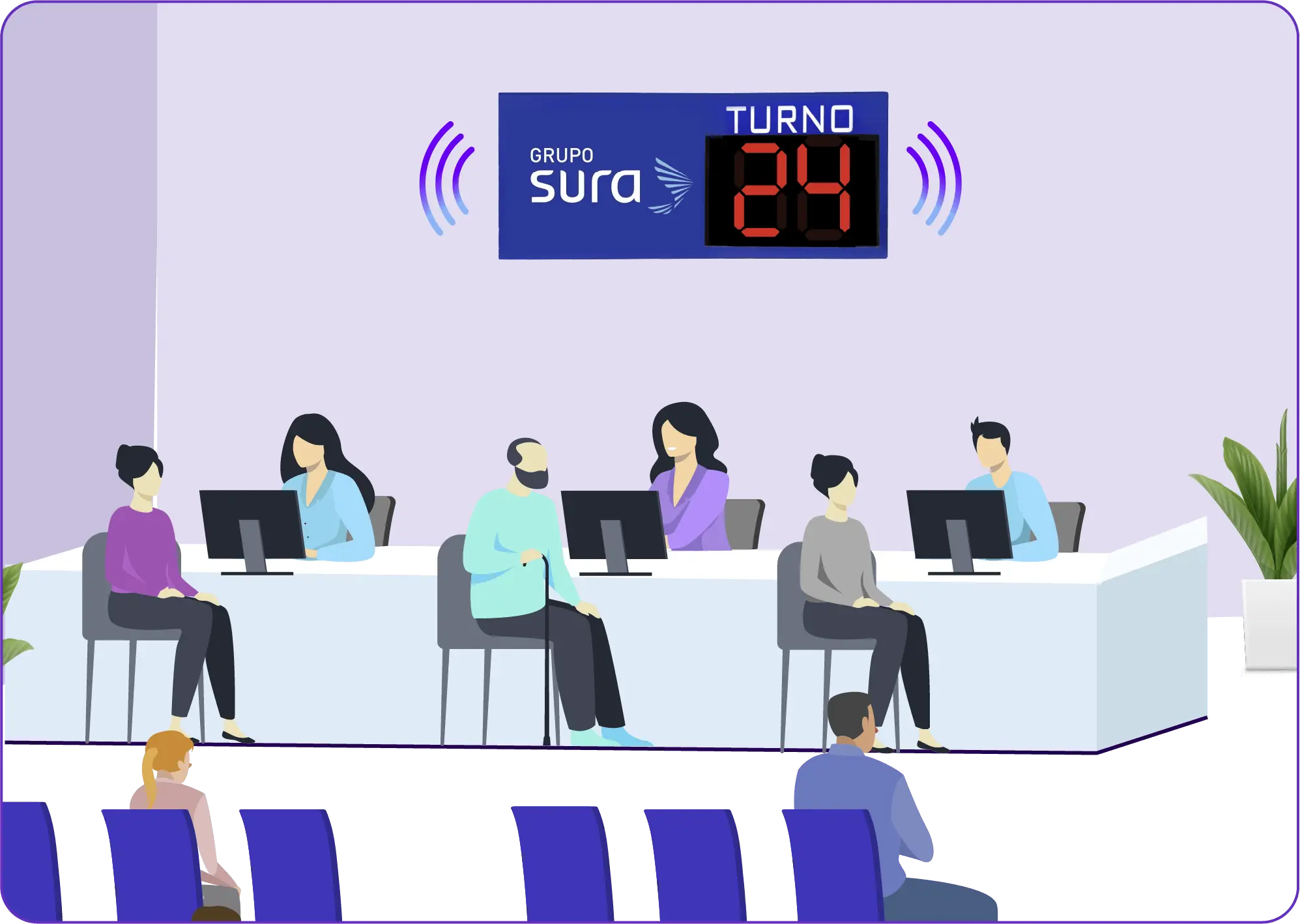 Turnero con logo haciendo el llamado del turno en una sala de espera con asesores