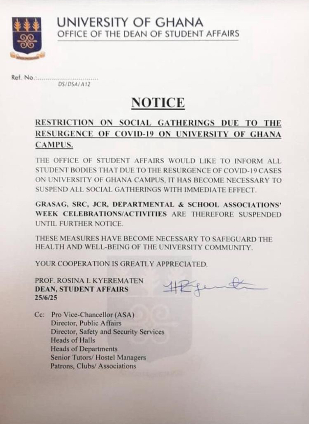 University of Ghana Halts Social Gatherings Amid COVID-19 Resurgence