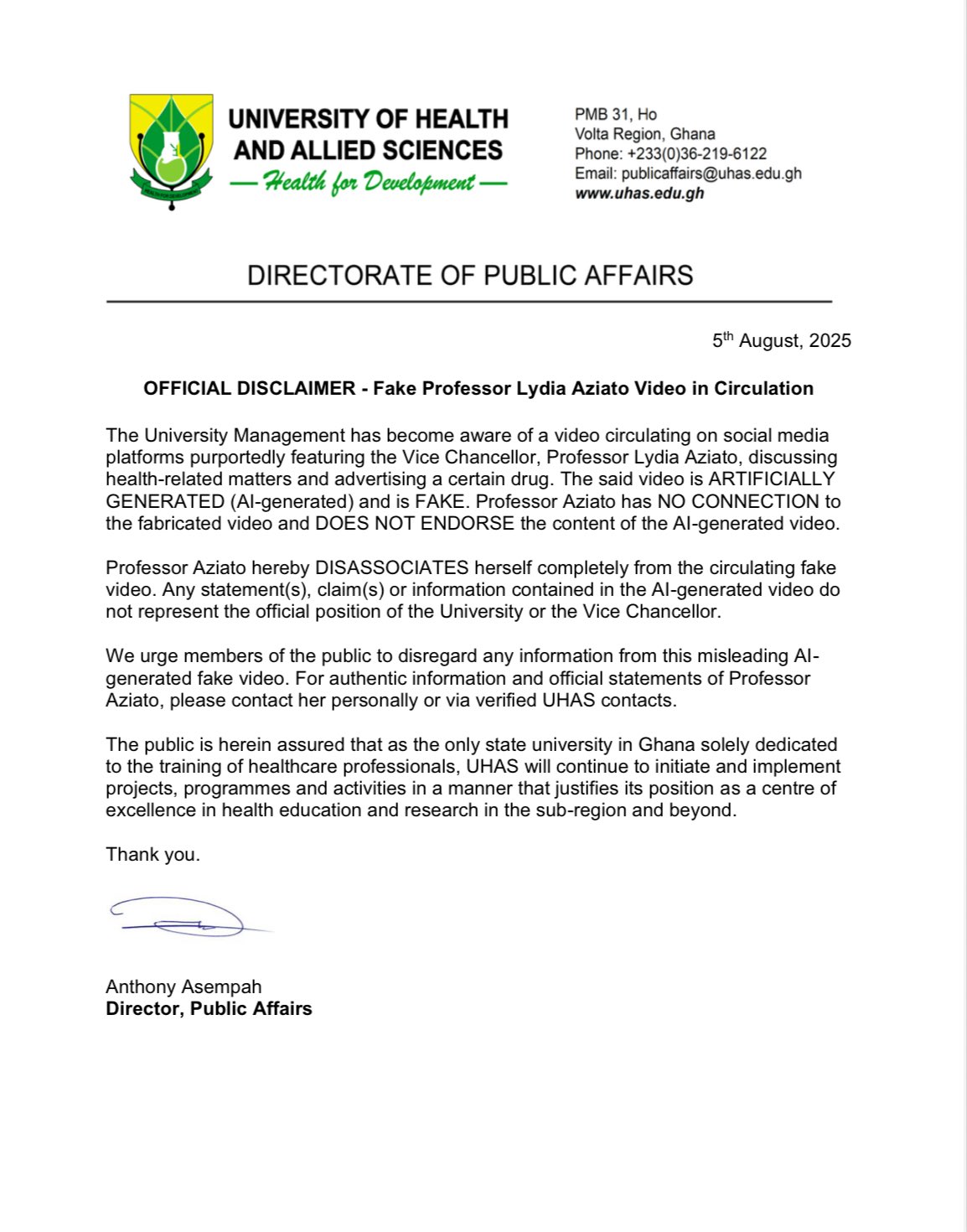 FAKE AI VIDEO: UHAS Issues Strong Disclaimer Over Fabricated Content Featuring Vice Chancellor