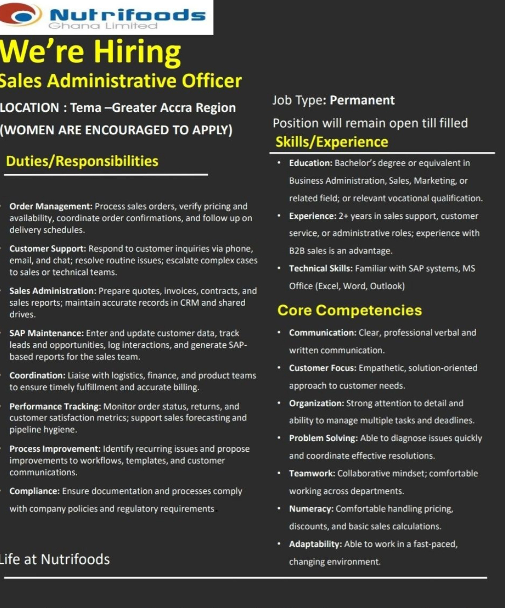 Sales Administrative Officer - Nutrifoods Ghana Limited