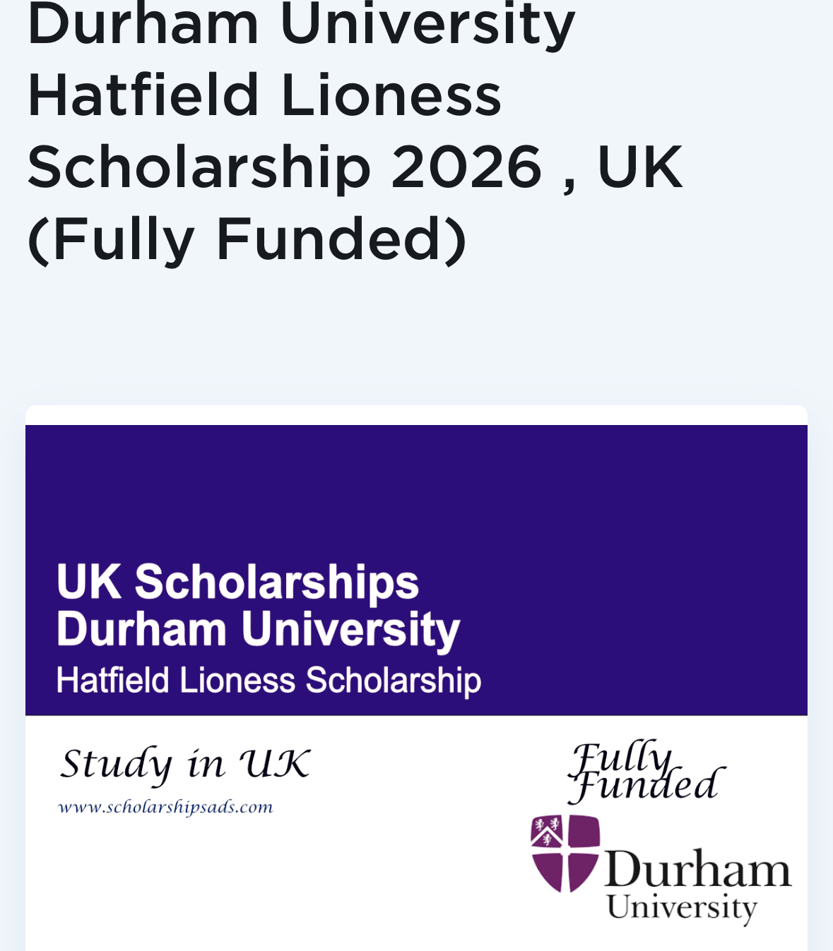 Durham University Hatfield Lioness Scholarship 2026 , UK (Fully Funded)