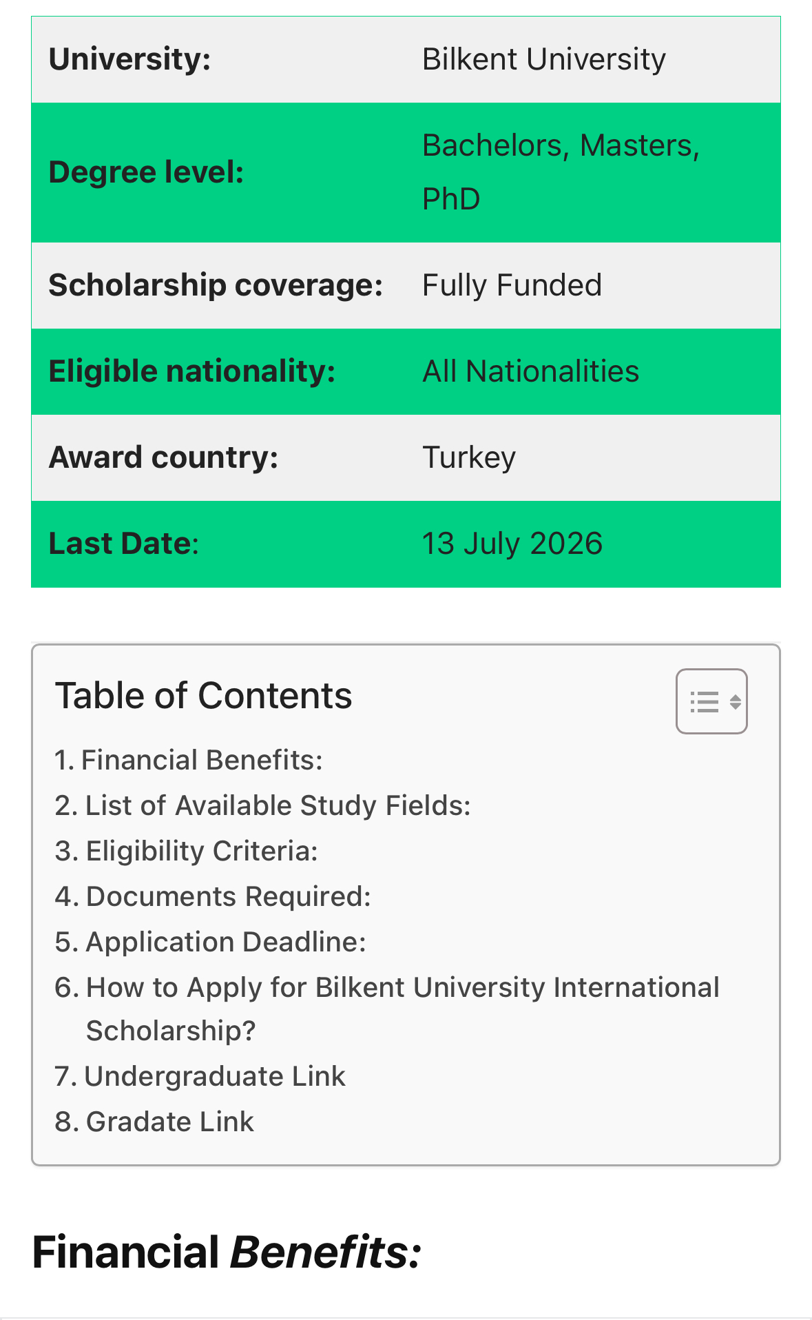 Bilkent University International Scholarships 2026