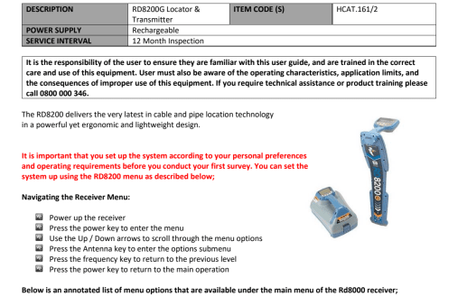 Radiodetection RD8200G Rechargeable Operating Safety Guide