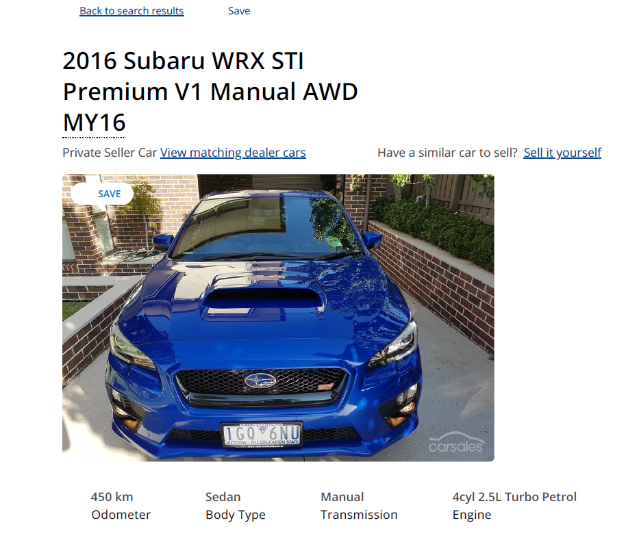Carsales listing — 2016 Subaru WRX STI Premium, 450km, WR Blue