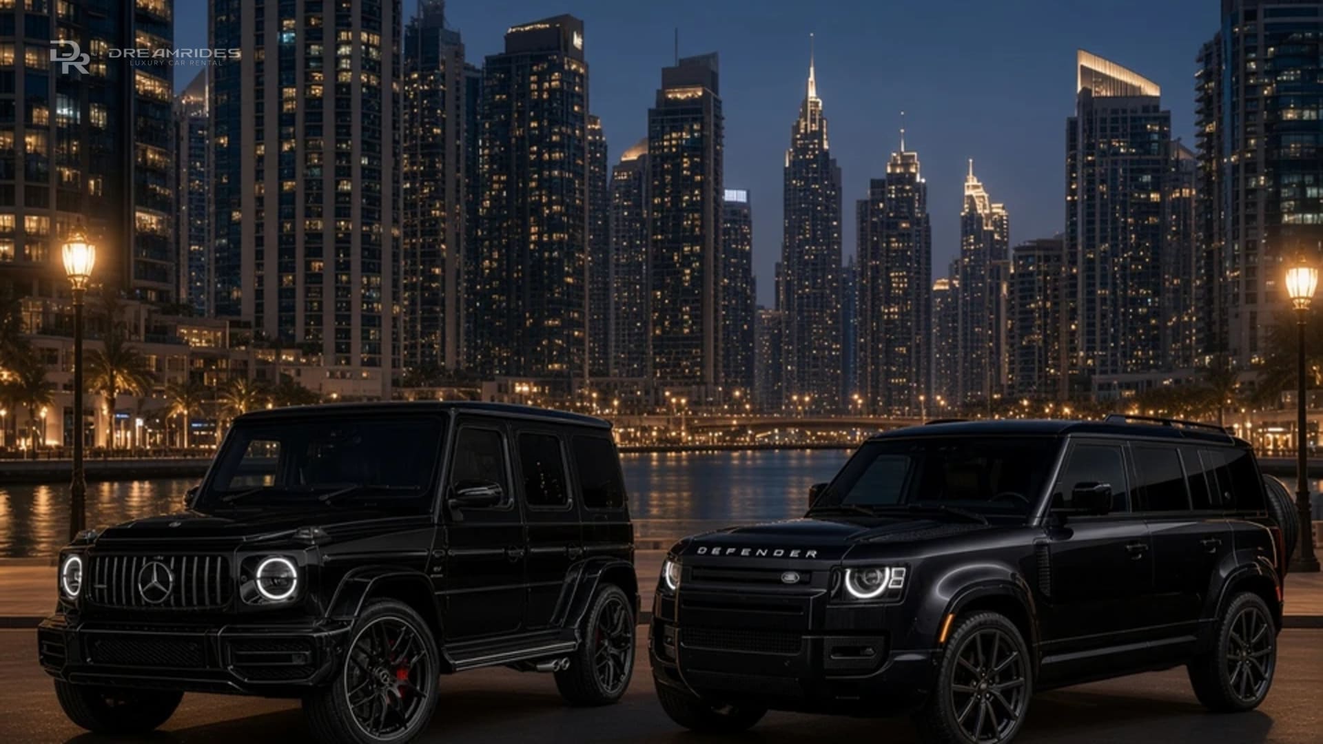 Black G63 and black Defender 110 on a Dubai waterfront promenade at blue hour for a G Wagon comparison Dubai evening