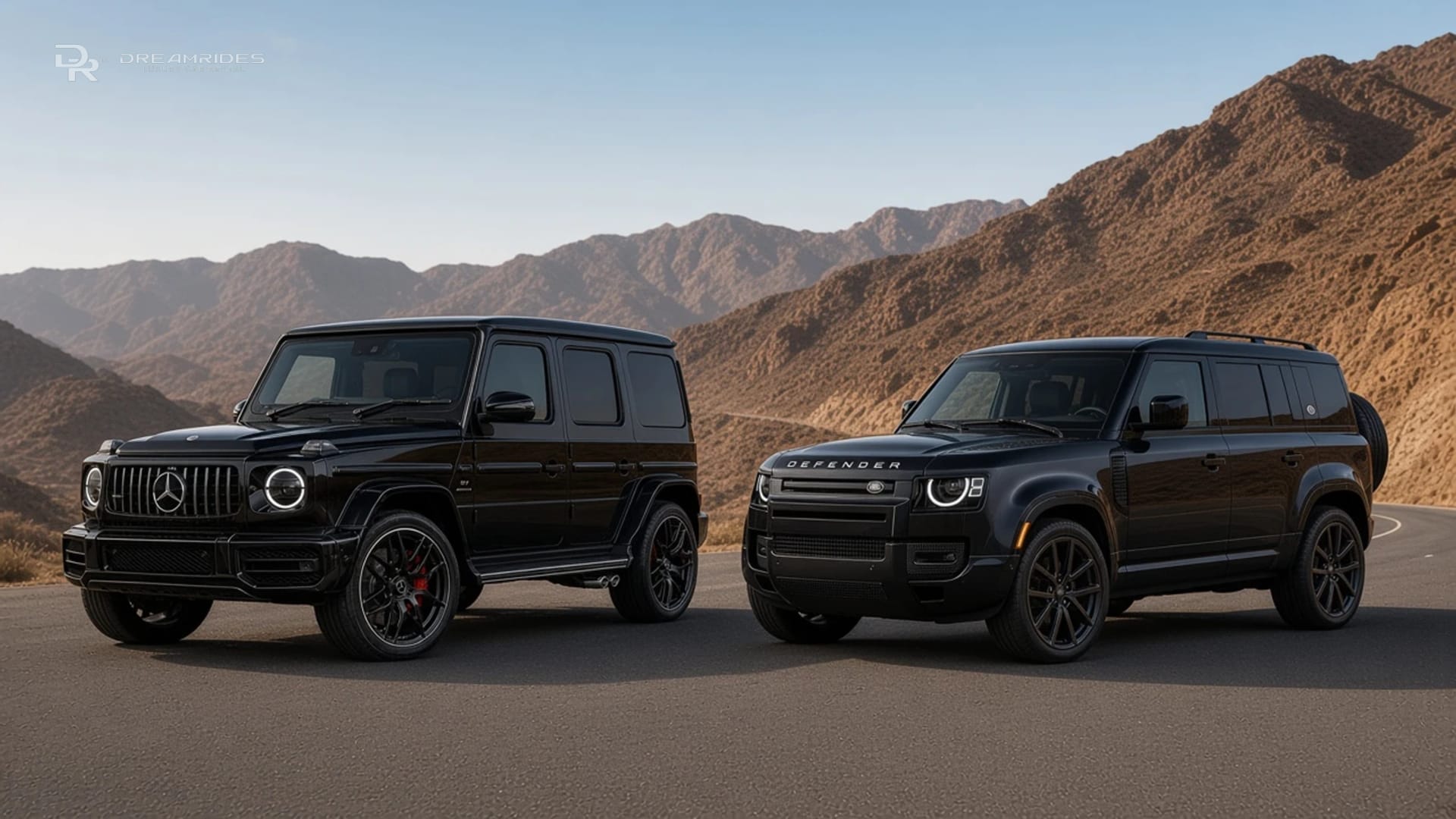 G63 vs Defender rental Dubai hero with a black Mercedes-AMG G63 and a black Land Rover Defender 110 on a Hajar mountain road in morning light