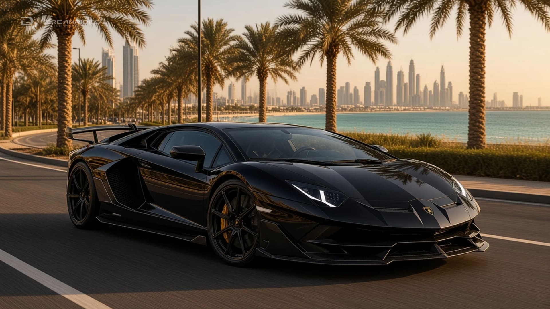 Lamborghini Aventador SVJ rental Dubai guide hero: black Aventador SVJ on a palm-lined Palm Jumeirah road at golden hour with the Dubai skyline across the water