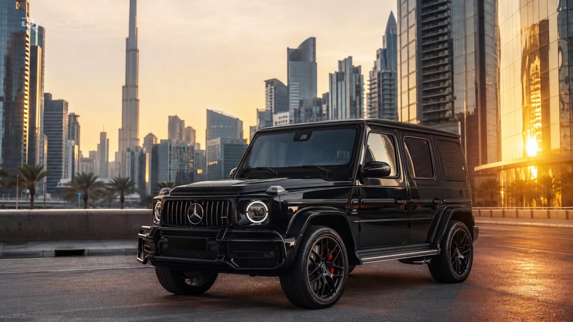 Mercedes-Benz G63 rental Dubai guide hero with black AMG G-Class at Business Bay skyline