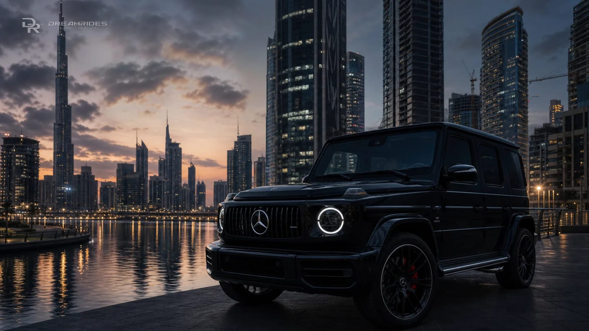 Mercedes-Benz G63 at Business Bay canal with Downtown Dubai towers