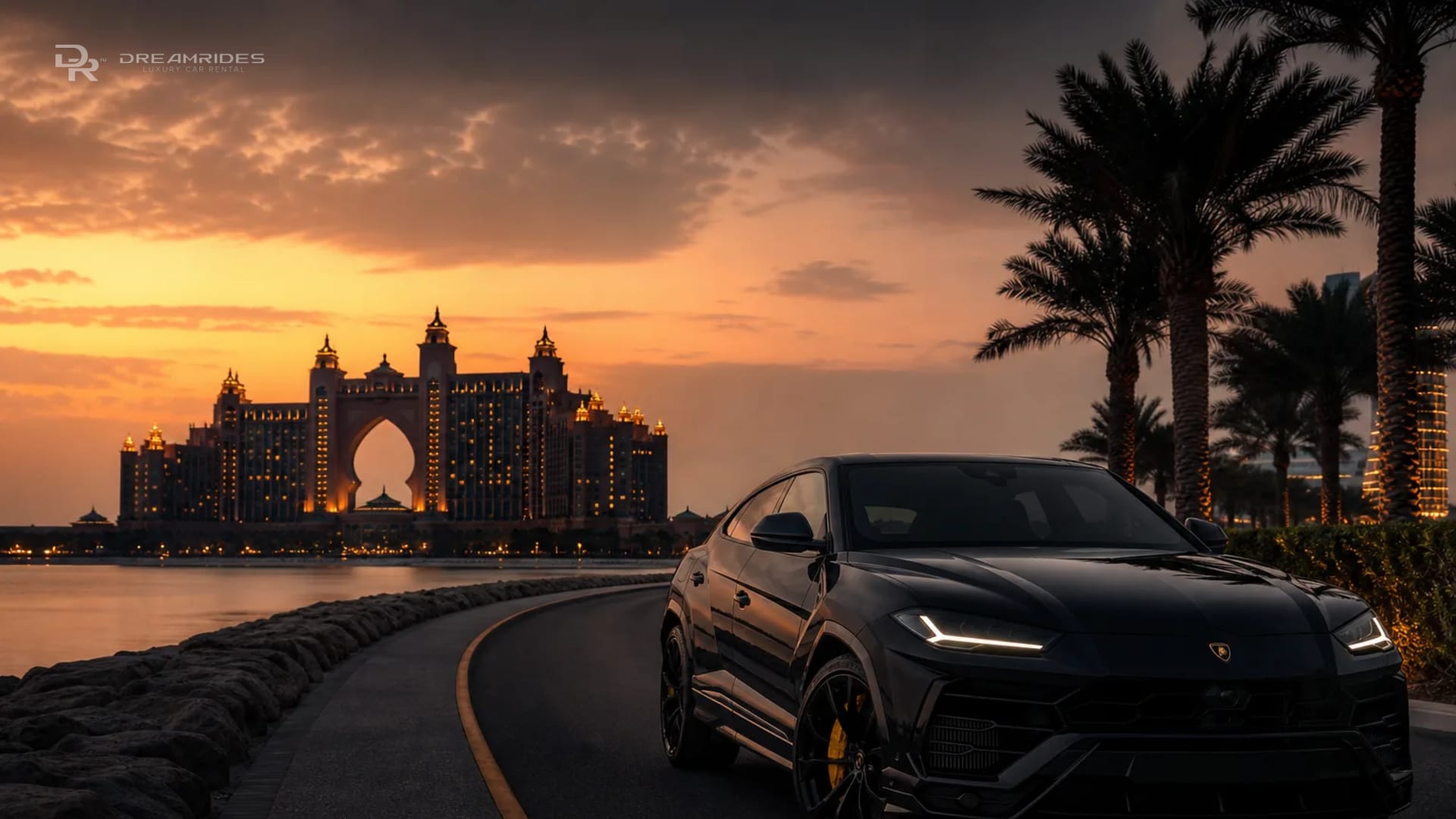 Lamborghini Urus on Palm Jumeirah with Atlantis resort backdrop