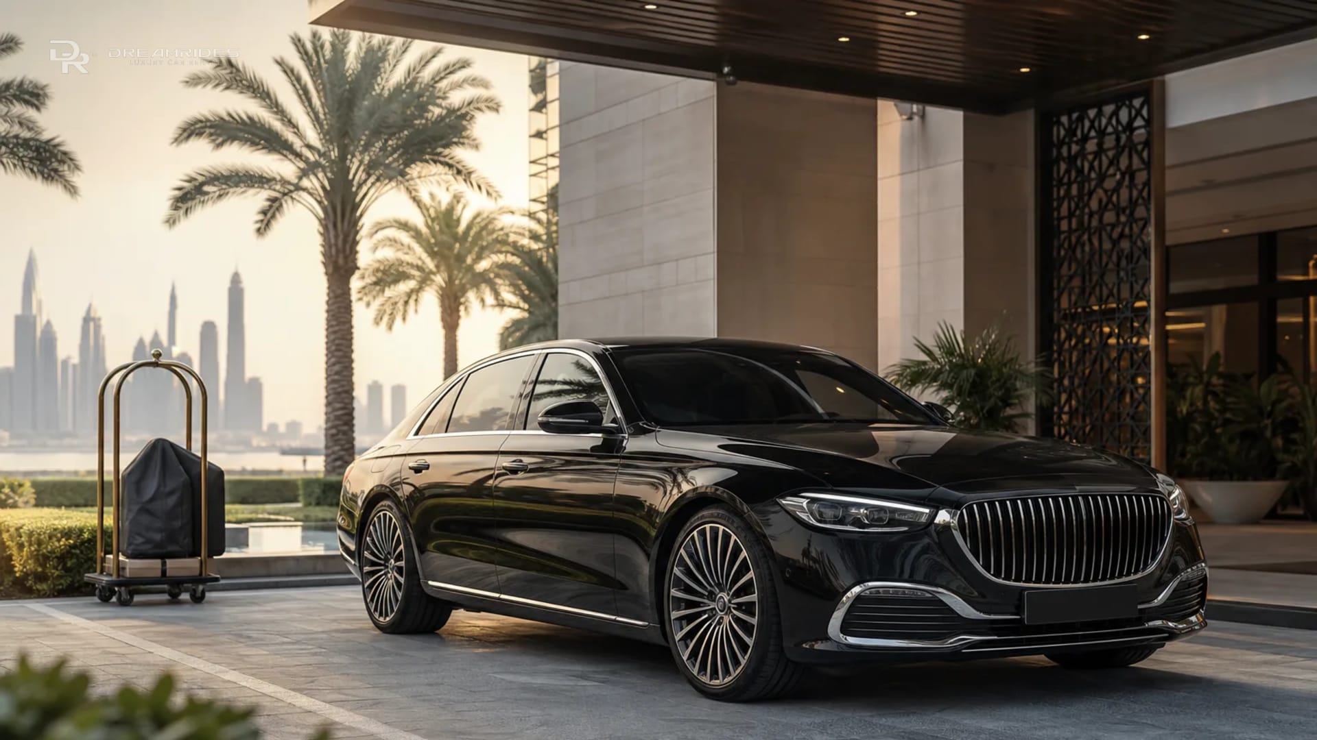 Luxury car delivery at a clean Dubai residential or hotel driveway