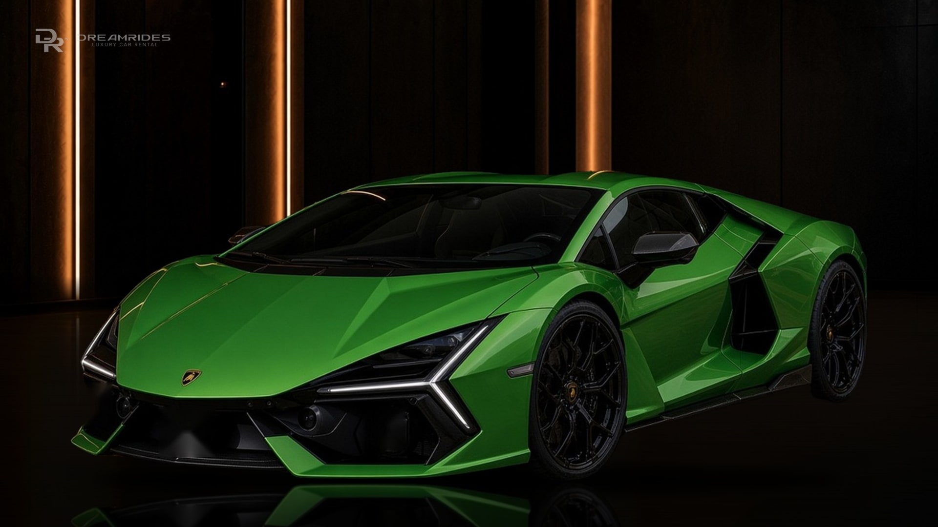 Black Lamborghini Revuelto with red brake calipers from the DreamRides fleet in Dubai