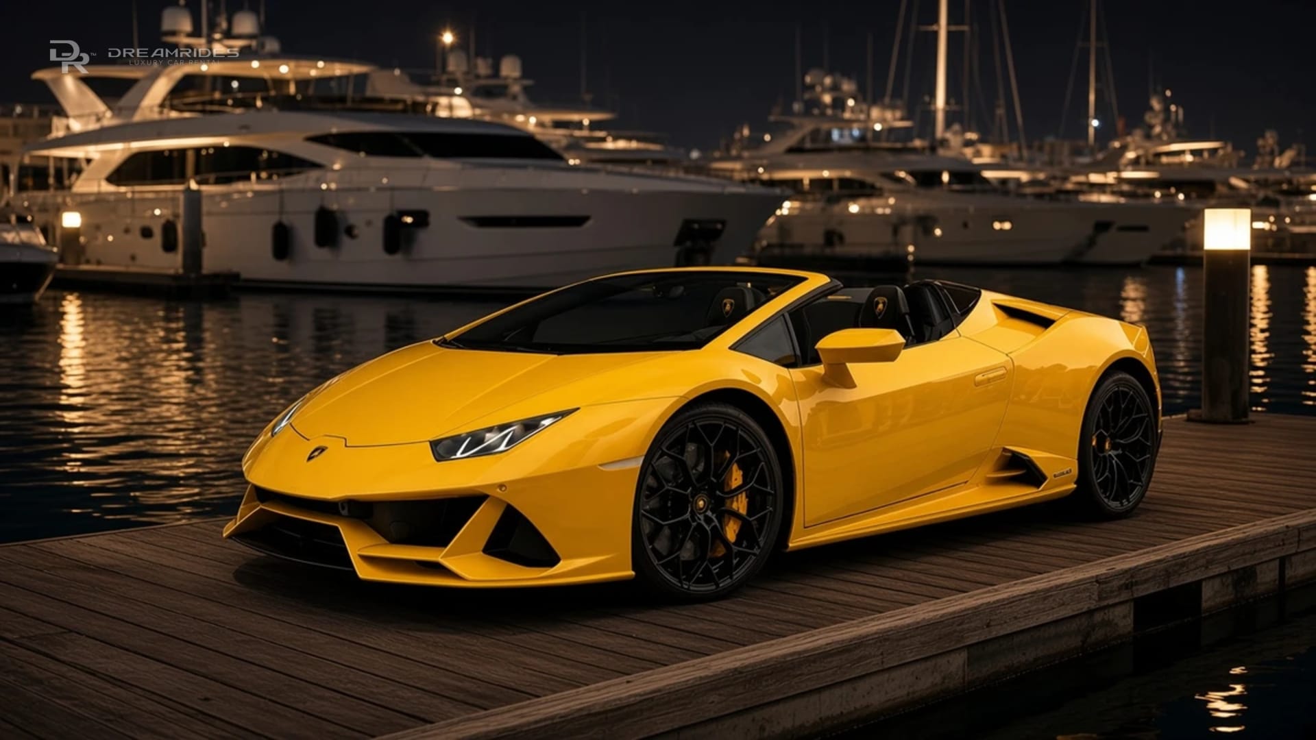 Lamborghini Huracán EVO Spyder with the roof down beside a Jumeira Bay marina pontoon at night, warm lights on the water