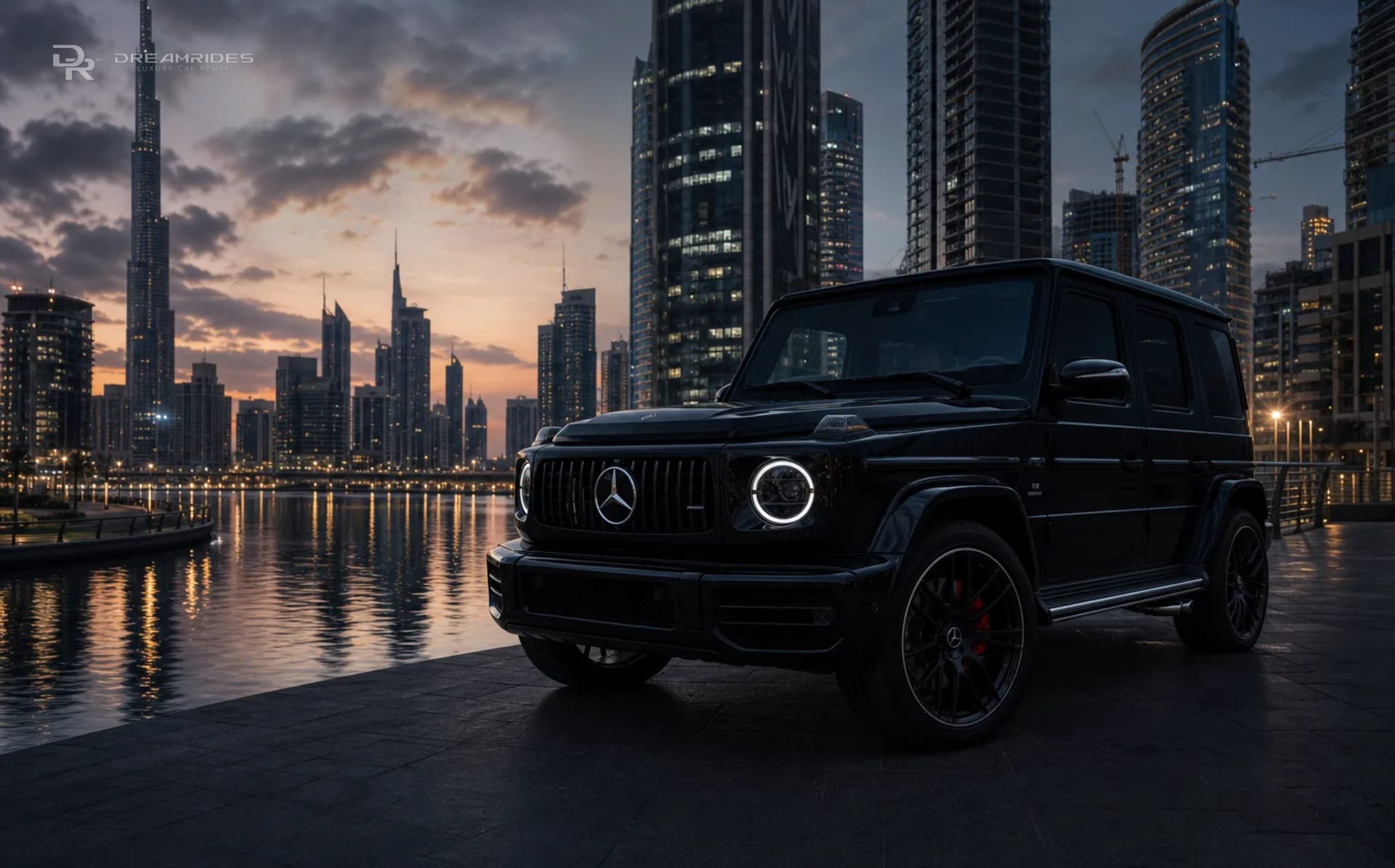 Mercedes-Benz G63 at Business Bay canal with Downtown Dubai towers