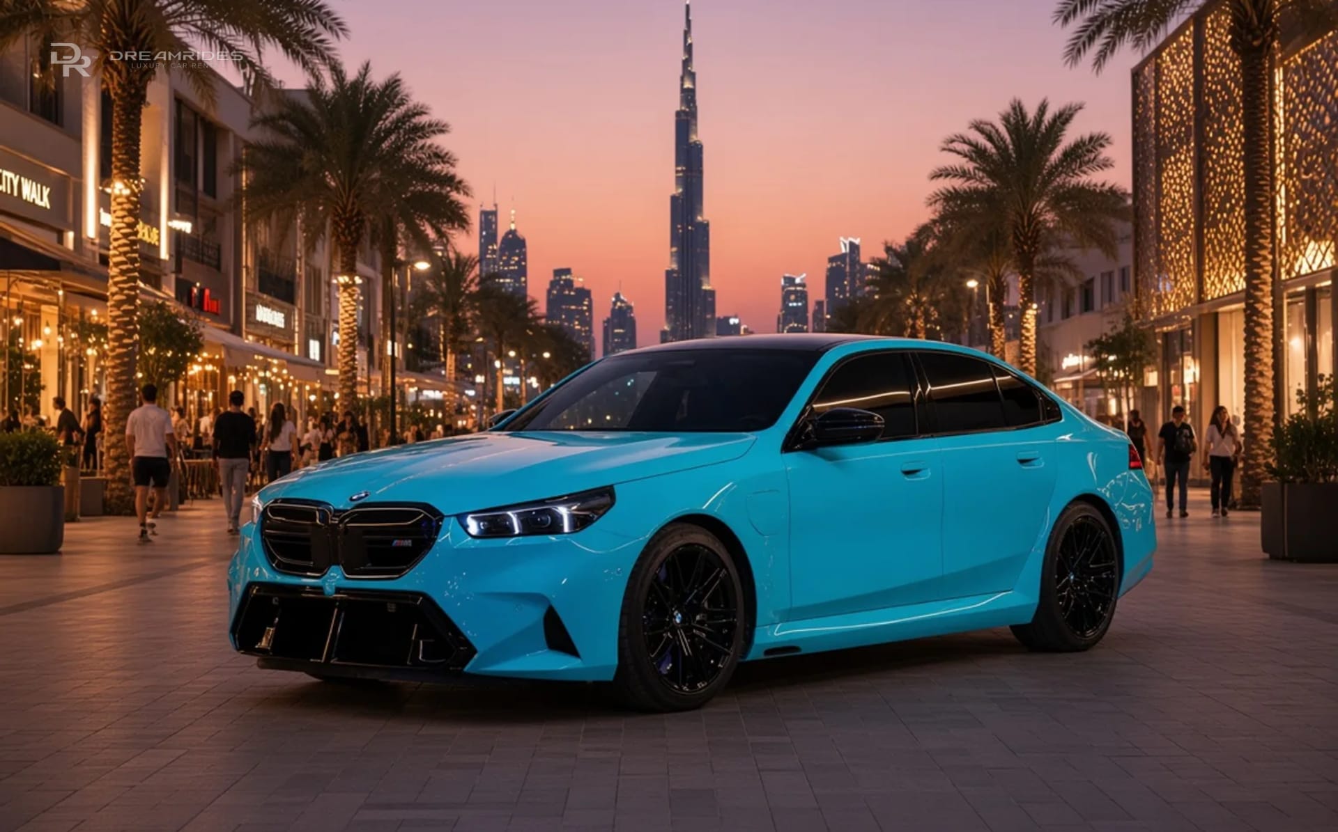 BMW M5 at City Walk Dubai pedestrian boulevard and retail district