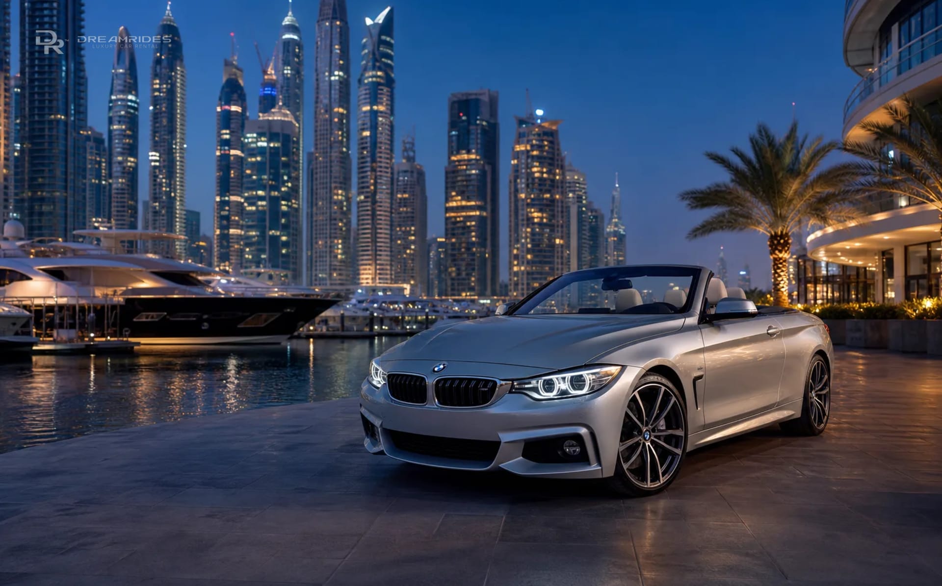 BMW 430i Convertible at Dubai Marina waterfront towers at dusk