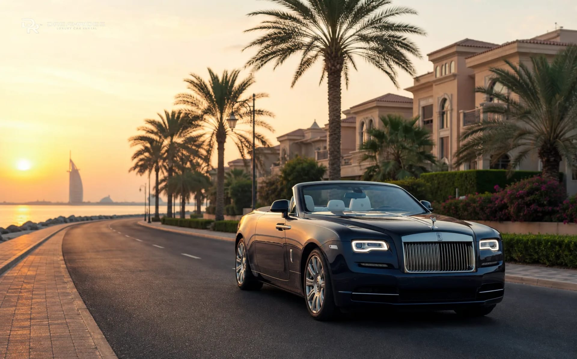 Rolls-Royce Dawn on Jumeirah Beach Road coastal villa district