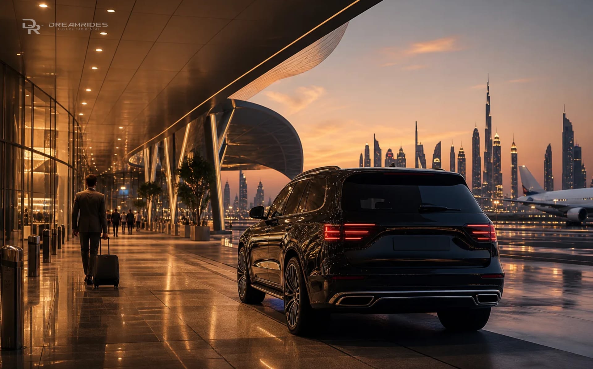 Luxury vehicle near a modern Dubai airport arrival area