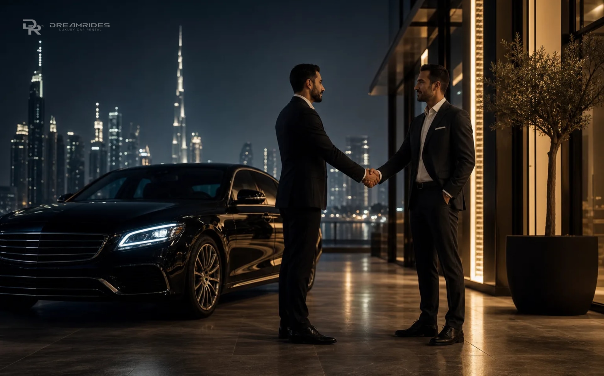B2B and broker luxury car rental partnership in a luxury Dubai business setting