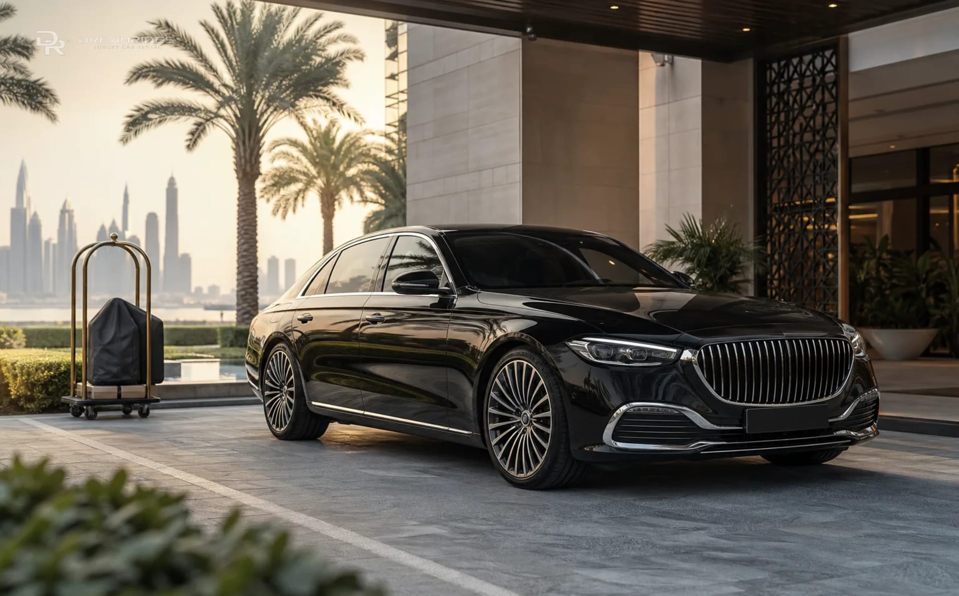 Luxury car delivery at a clean Dubai residential or hotel driveway