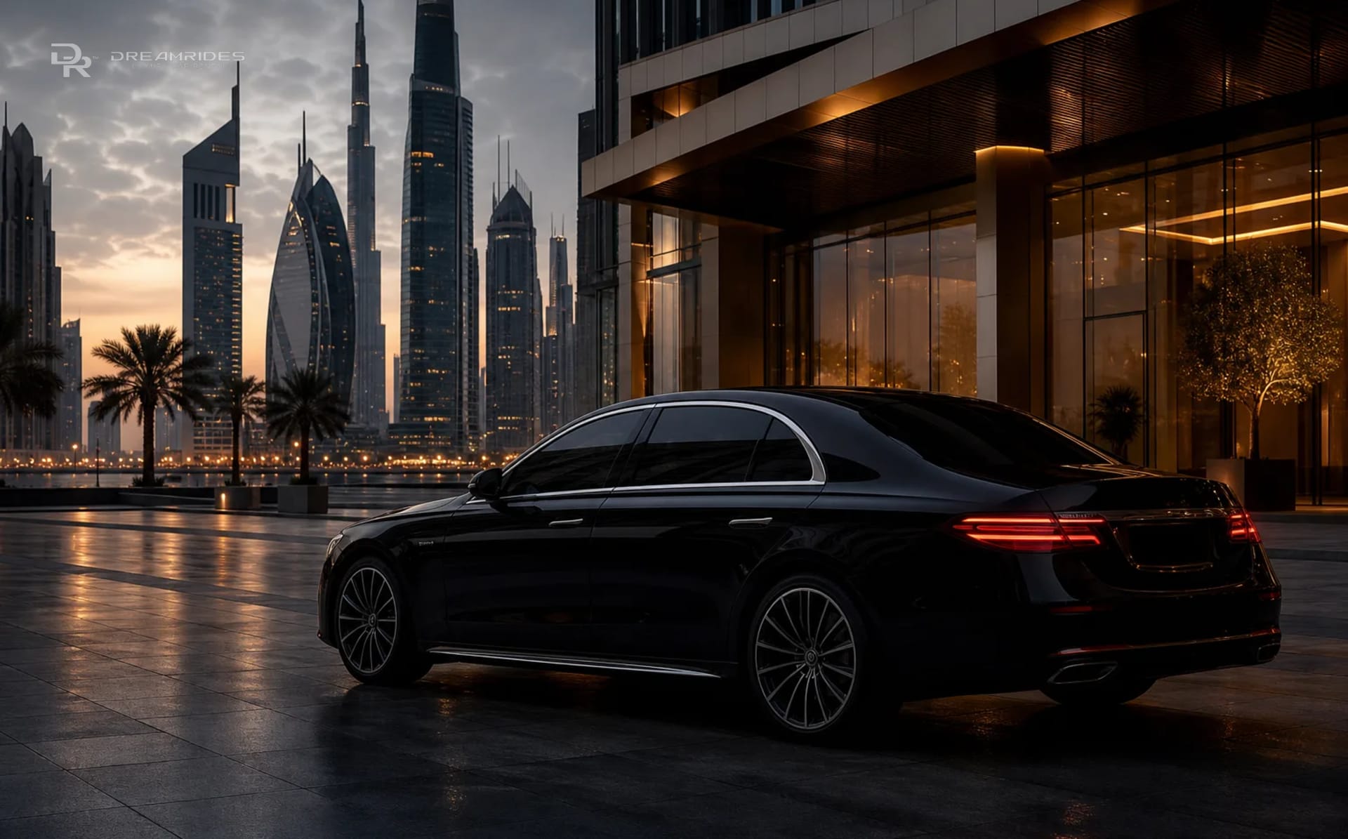 Corporate luxury car rental outside a modern Dubai business district