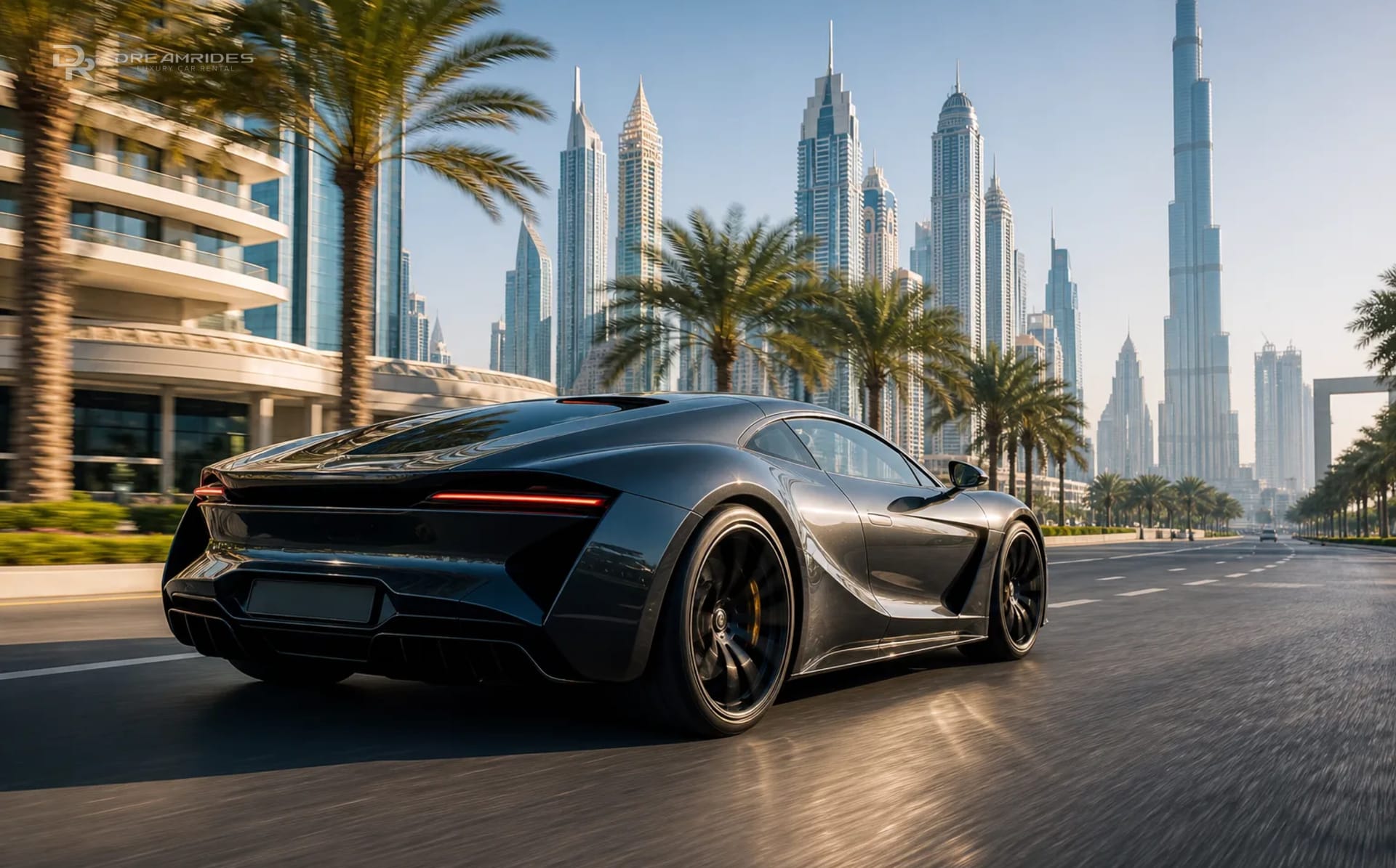 Daily luxury sports car on a modern Dubai street