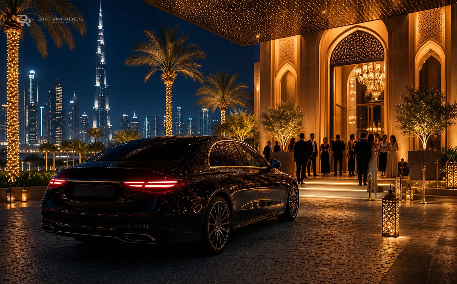 Luxury car near an elegant Dubai event venue entrance