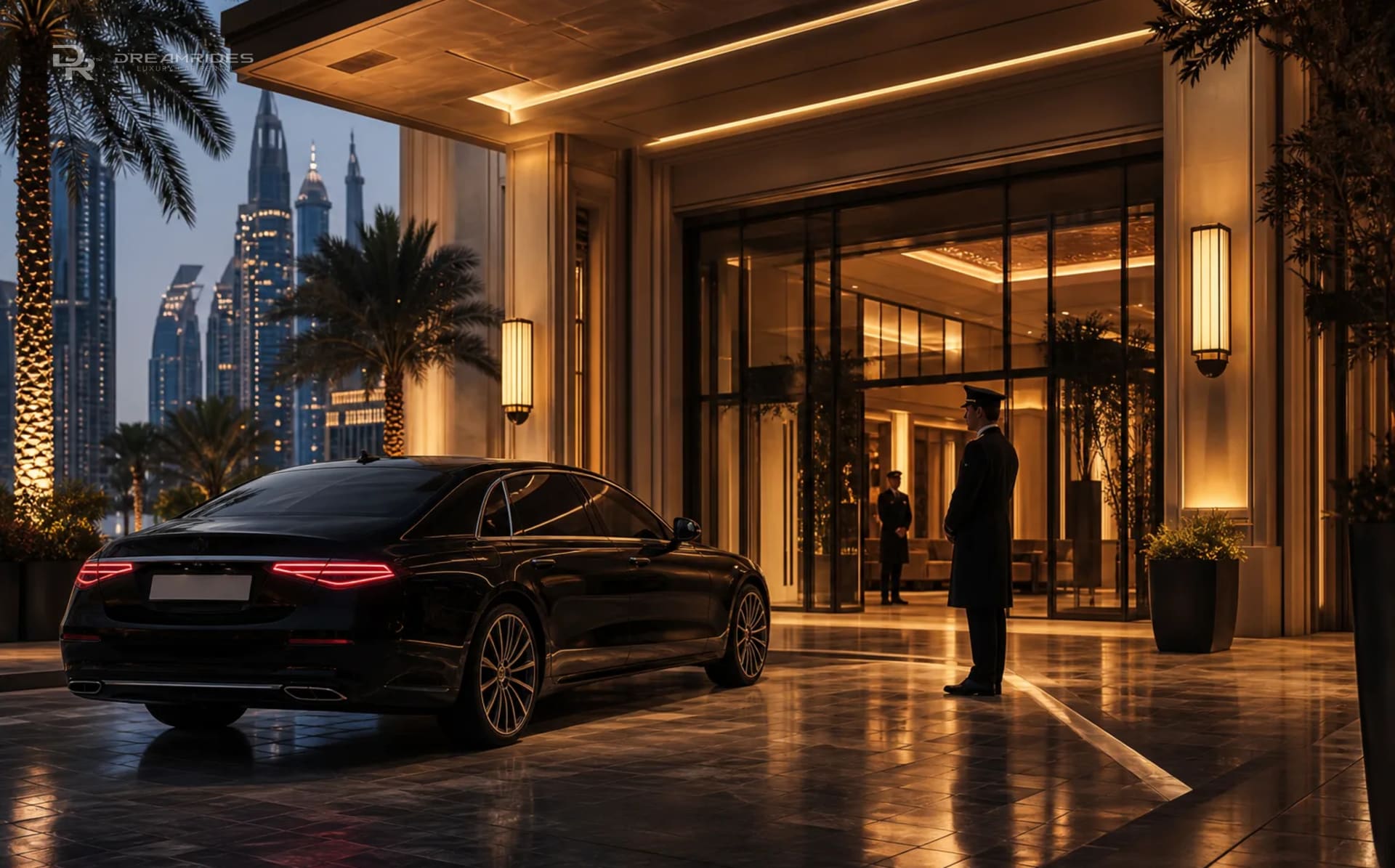 Luxury car outside a luxury Dubai hotel entrance