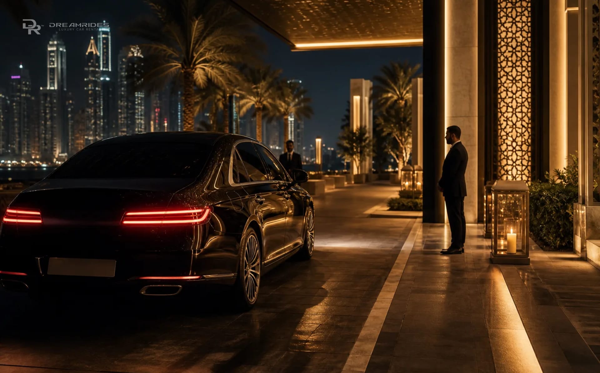 VIP luxury car arriving at a private Dubai entrance at night