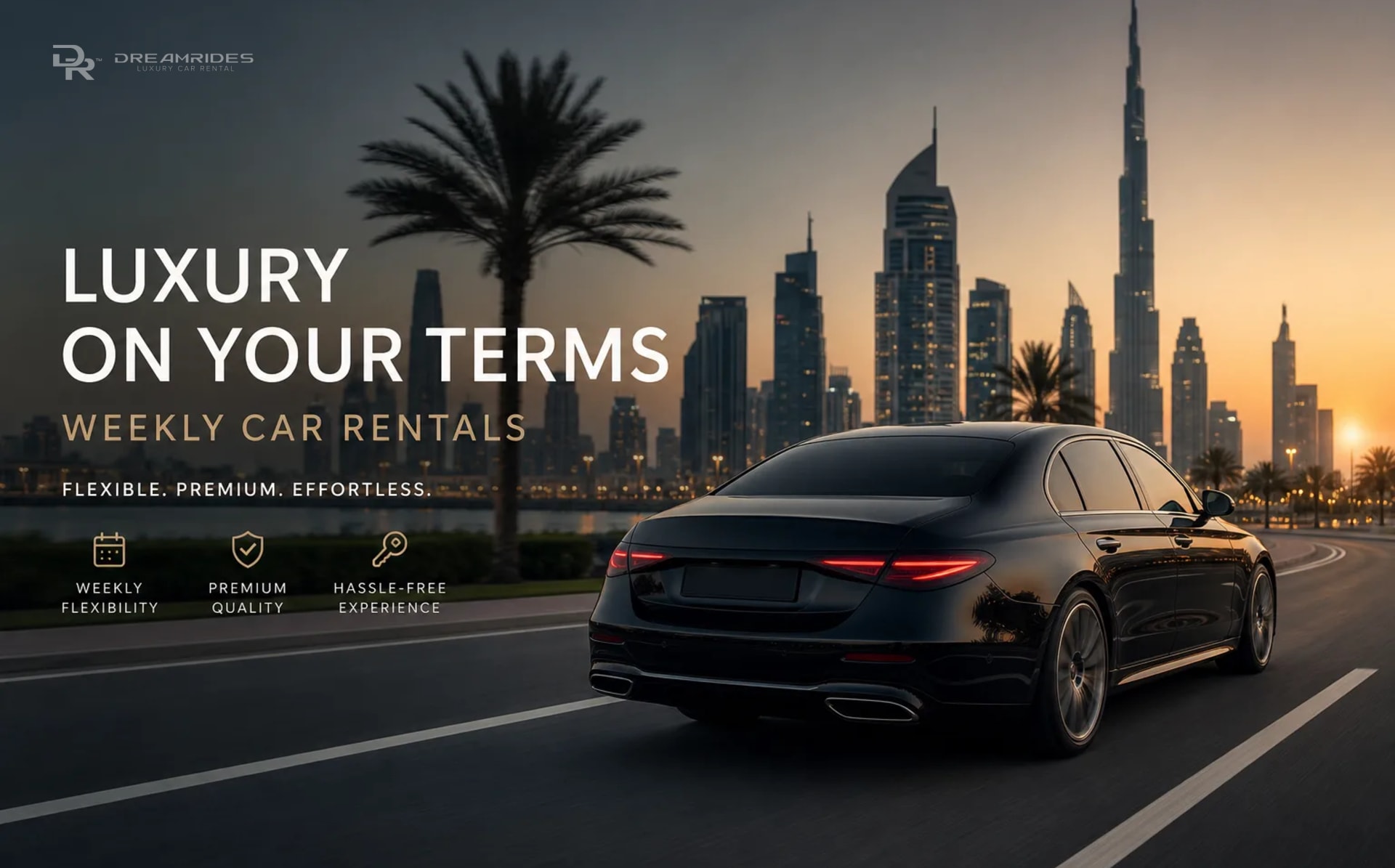 Weekly luxury car rental on a clean Dubai city road
