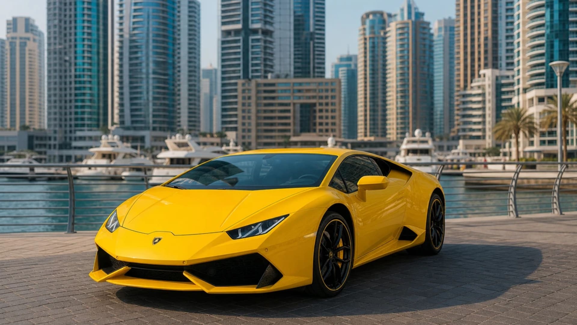 Lamborghini Huracan at Dubai Marina for one-day supercar rental lifestyle plans