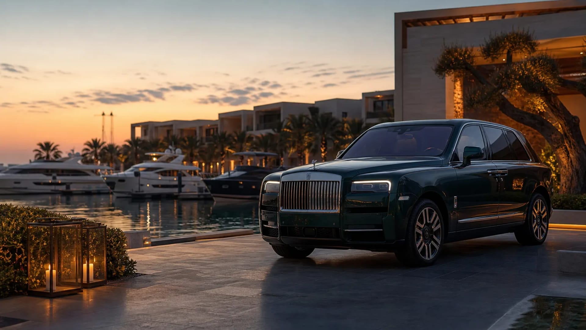 Rolls-Royce SUV arriving at Bulgari Resort Dubai marina entrance