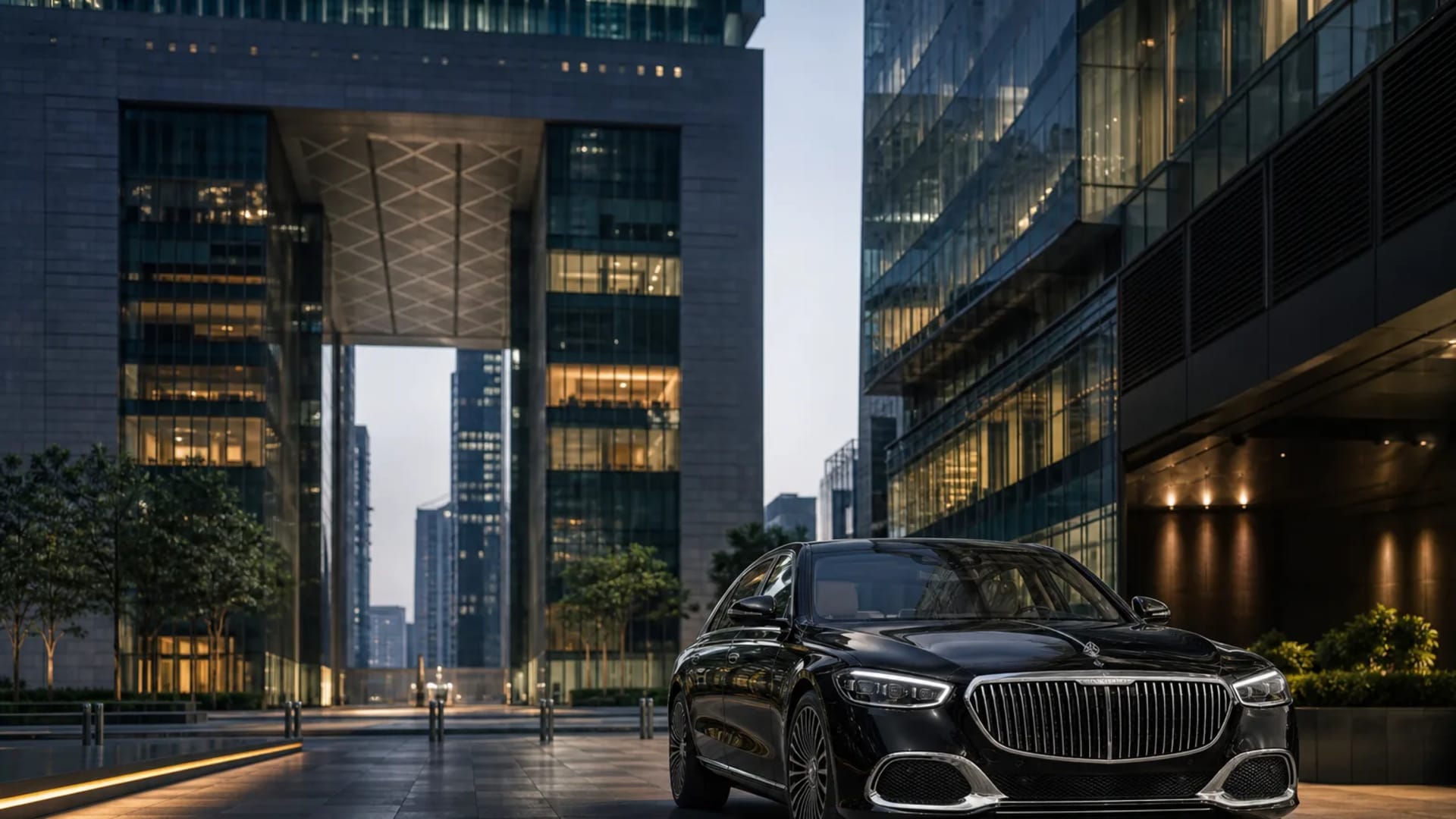 Maybach sedan outside DIFC Gate Avenue for executive car rental Dubai