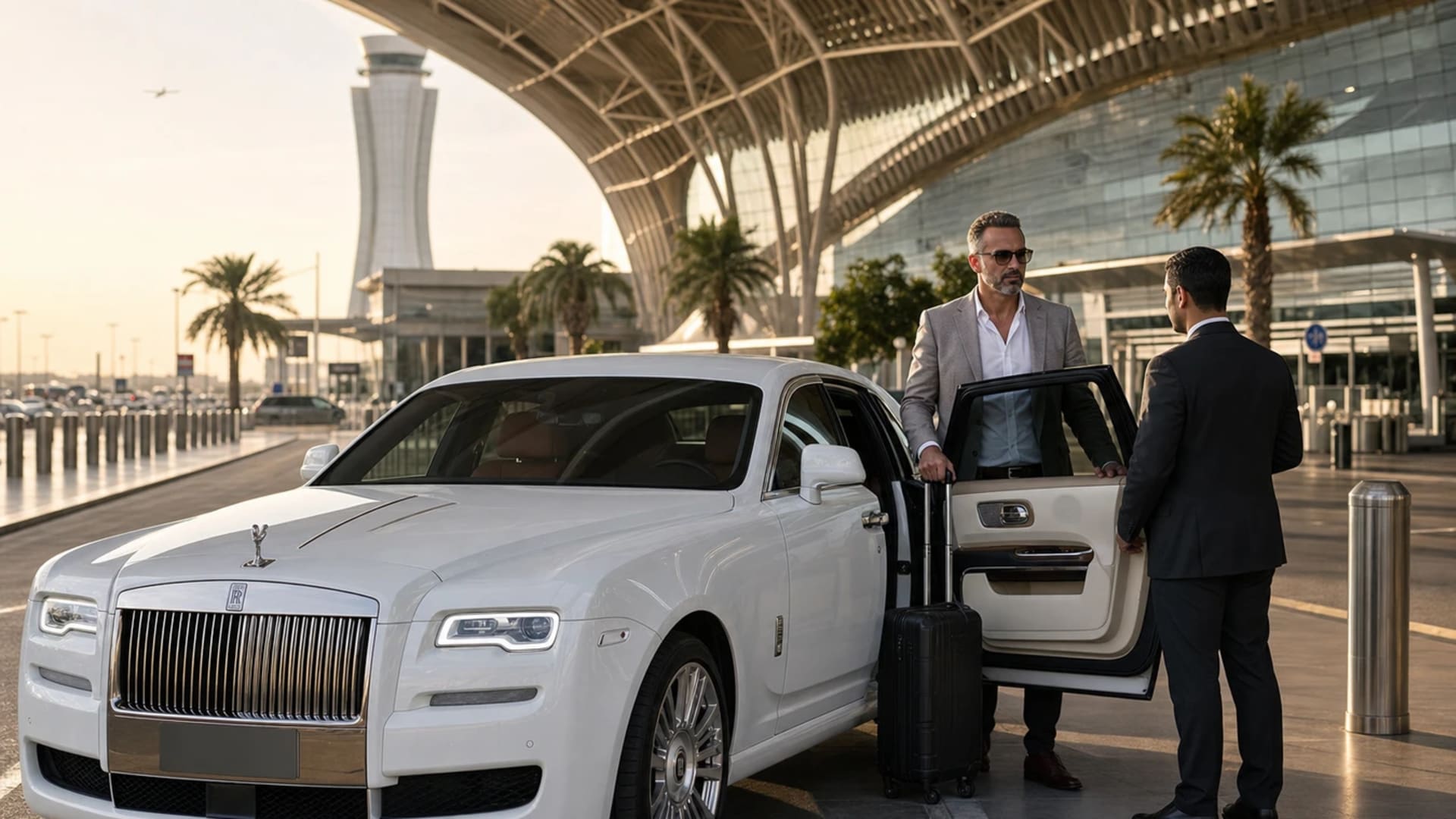 Daily luxury car rental Dubai guide hero with airport handover at DXB terminal