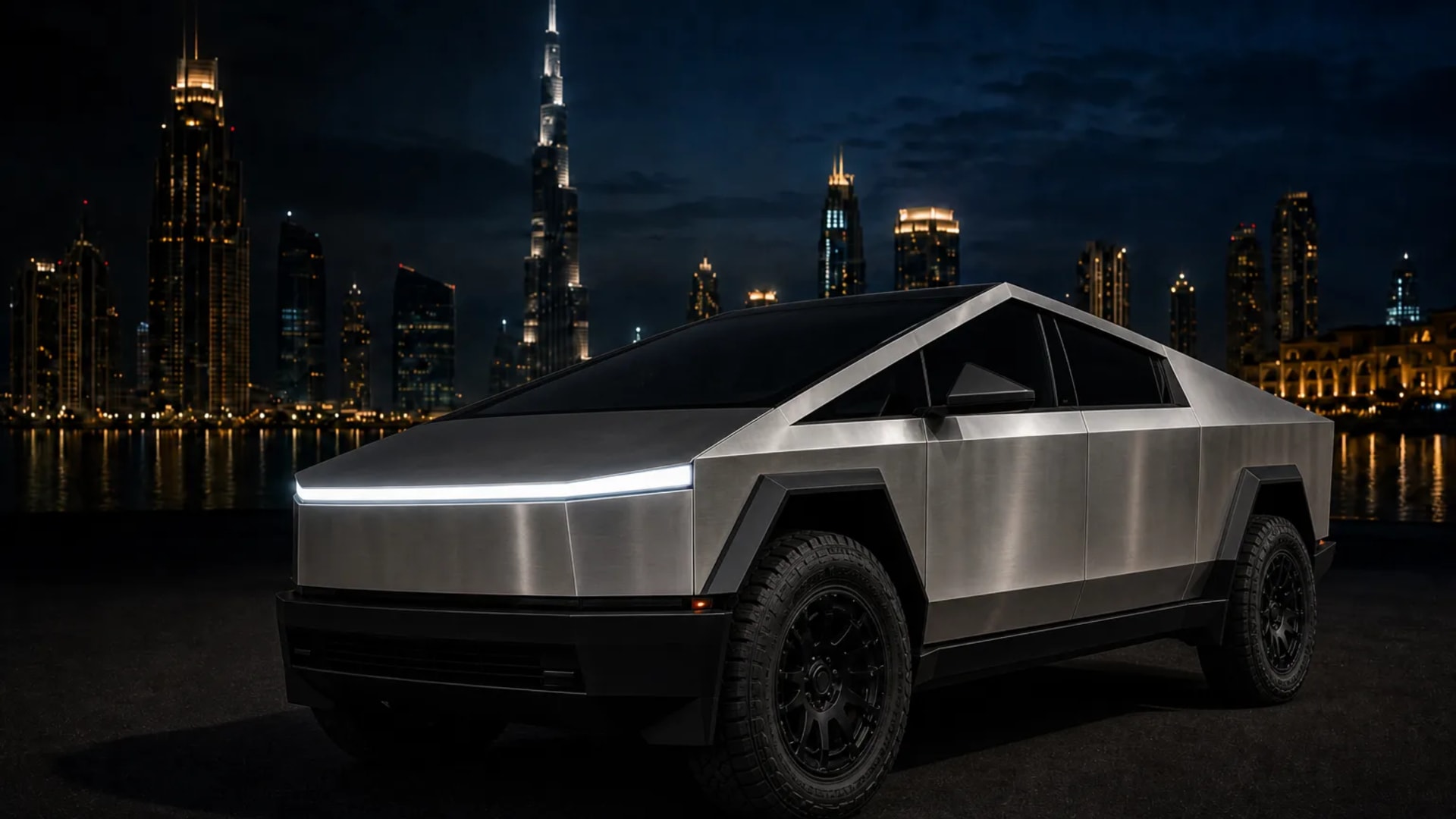 Tesla rental Dubai skyline