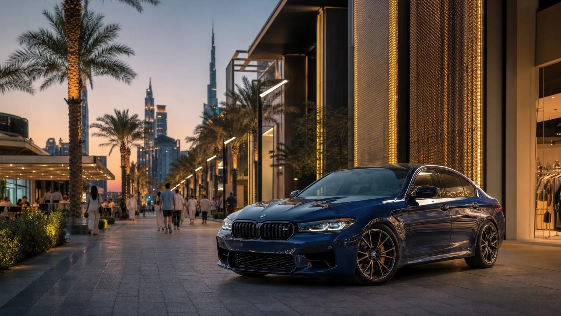 BMW M5 at City Walk Dubai pedestrian boulevard and retail district