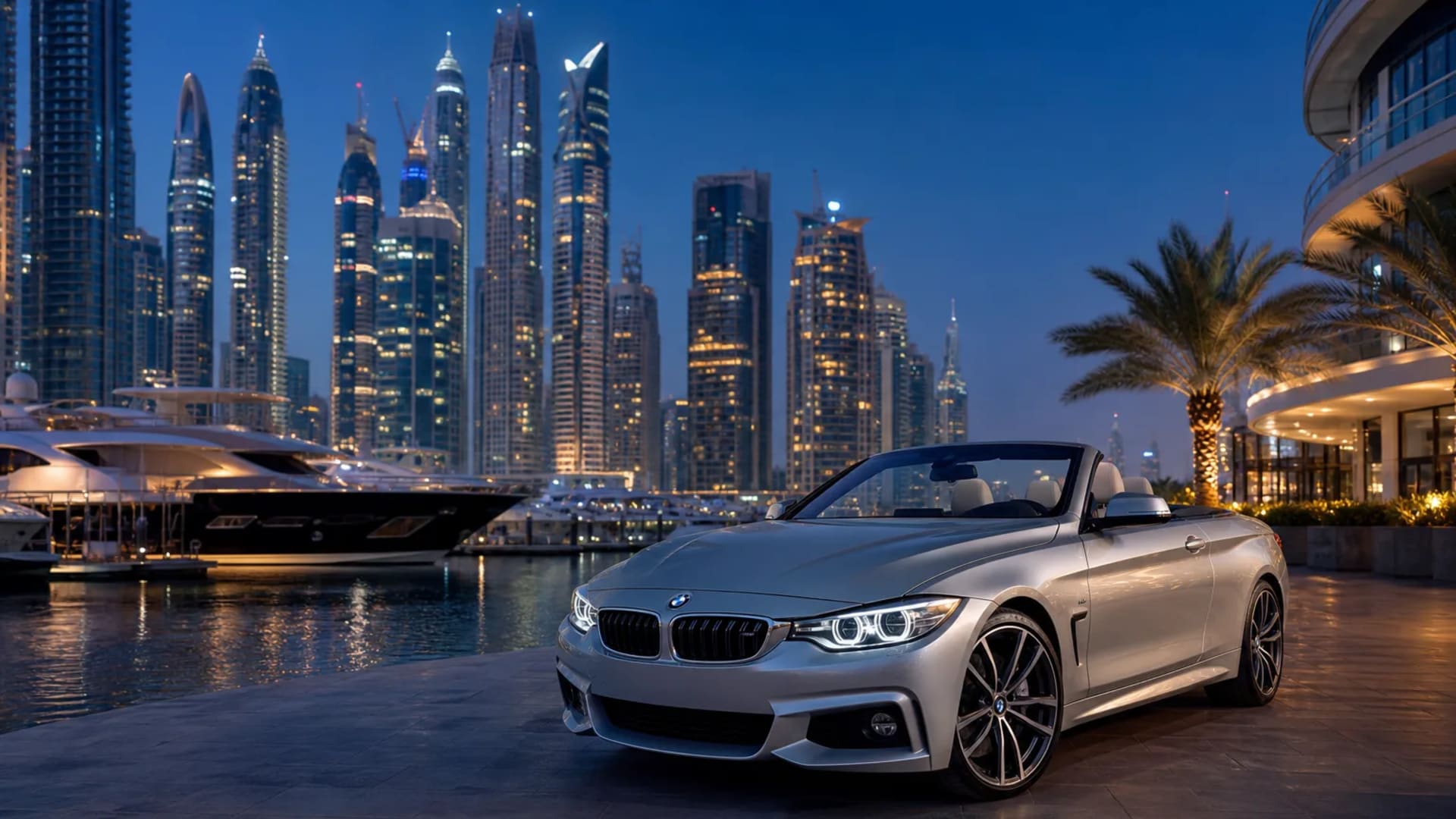 BMW 430i Convertible at Dubai Marina waterfront towers at dusk