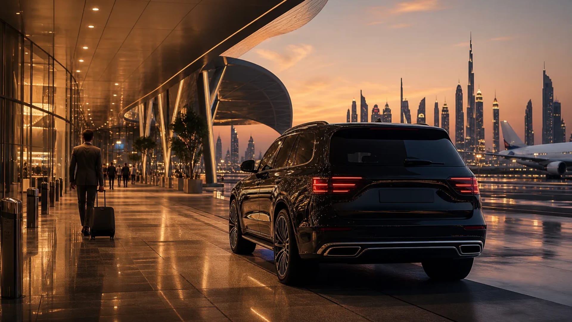 Luxury vehicle near a modern Dubai airport arrival area