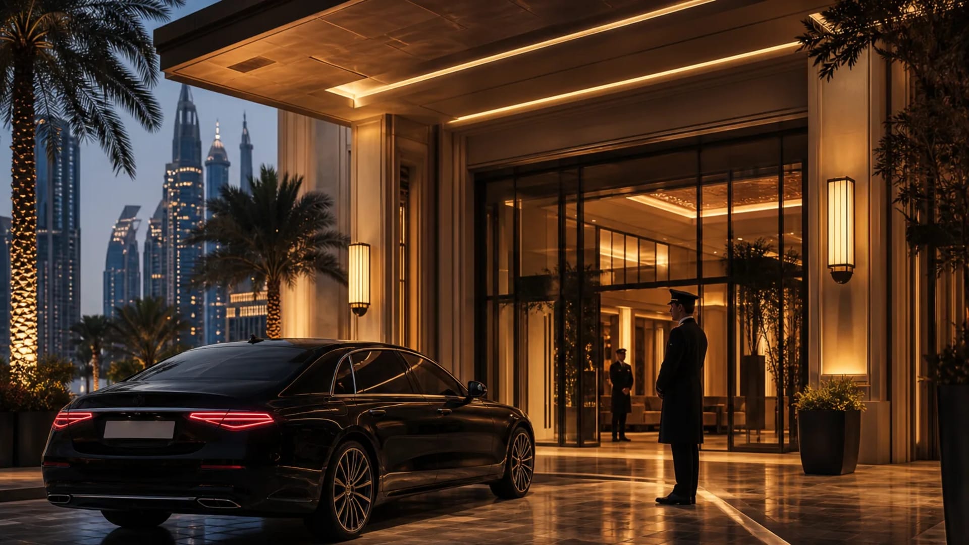 Luxury car outside a luxury Dubai hotel entrance